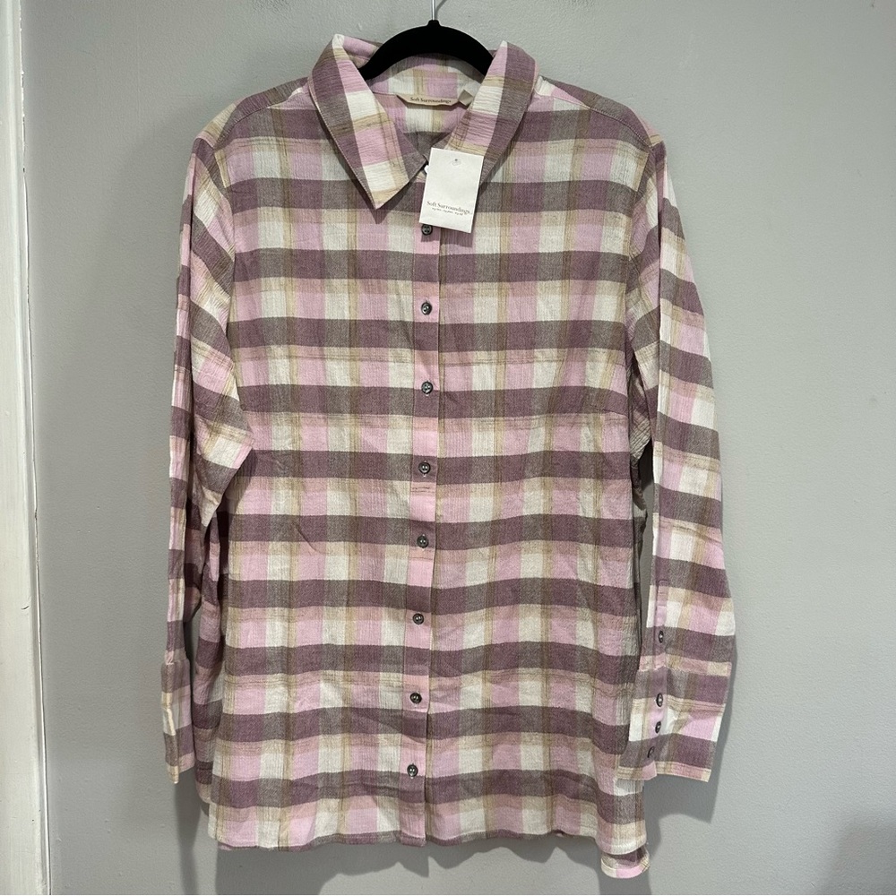 NEW Soft Surroundings Kai Button Up Plaid Shirt Lace Up Back Bow Detail Size 1X